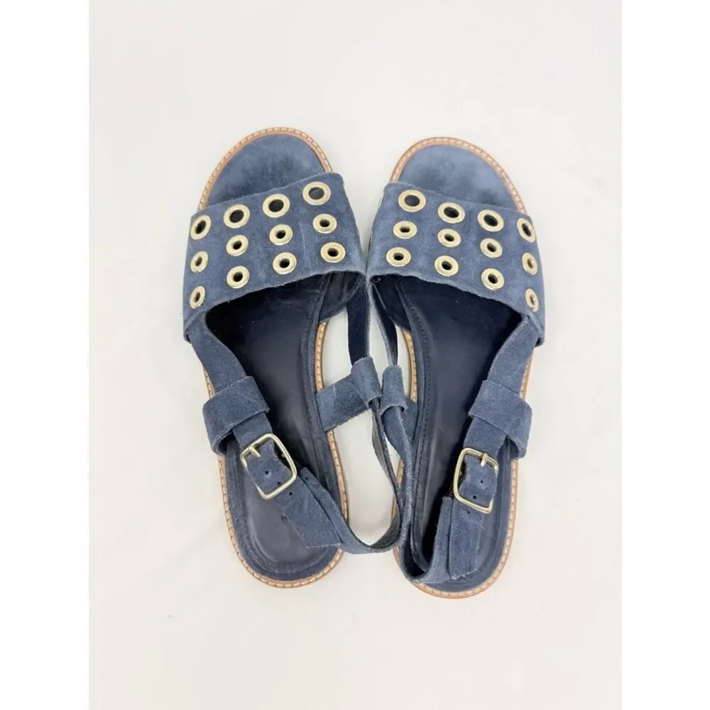 J. Crew Blue Suede Leather Gold Grommet Slingback Nautical Flat Sandals